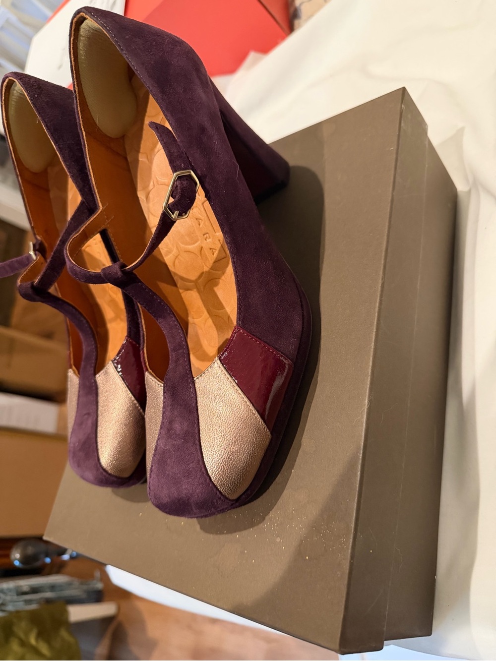 Chie Mihara Purple Suede and Silver Metallic T-Strap Pumps